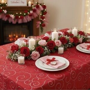 Red & Silver Sparkle Pattern Theme Rectangle Tablecloth 82''x 30” GUC‎